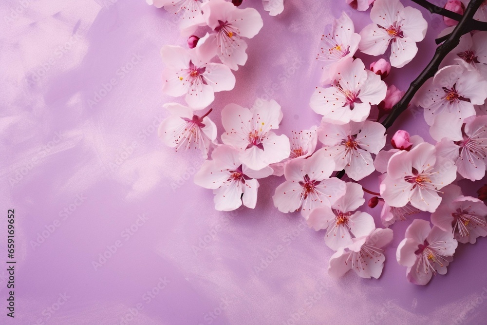 Background with cherry blossoms, lavender color. Generative AI