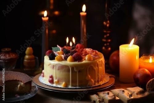 a cake decorated with candles on a table, a photograph of delicious food. Generative AI