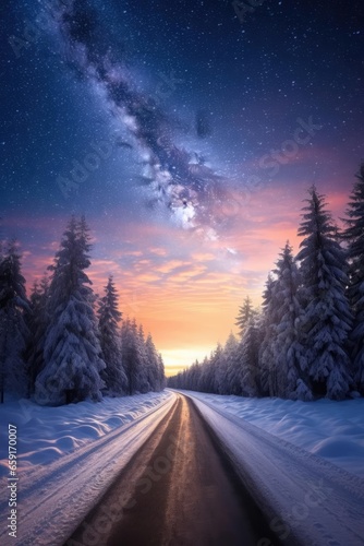 Road leading towards colorful sunrise between snow covered trees with epic milky way on the sky 