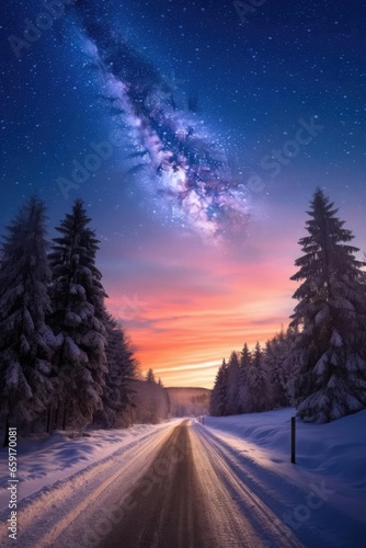 Road leading towards colorful sunrise between snow covered trees with epic milky way on the sky © Fred