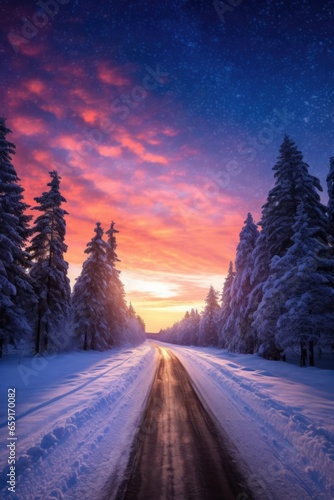 Road leading towards colorful sunrise between snow covered trees with epic milky way on the sky 