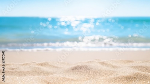 Seascape abstract beach background blur bokeh light of calm sea and sky Focus on sand foreground  © Fred