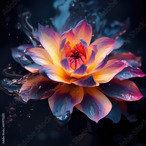 Beautiful magic fantasy flower on dark background. Blooming lotus. Red yellow violet flower with drops of dew on petals. Fairytale illustrations  books  scrapbooking  background  design element.
