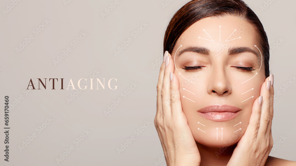 Surgery and Anti Aging Concept. Beauty Face Spa Woman. Facial rejuvenation and skin treatment for anti-aging and beauty enhancement - obrazy, fototapety, plakaty 