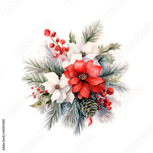 Watercolor Christmas bouquet with poinsettia, fir branches and berries. Hand painted illustration isolated on white background