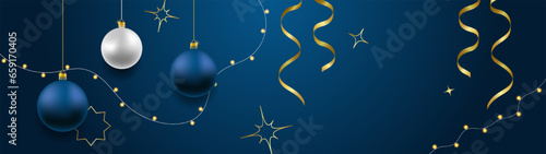 2024 Merry Christmas and Happy New Year vector banner. Realistic rose gold and blue baubles, snowflakes hanging on dark blue background with realistic garland and confetti