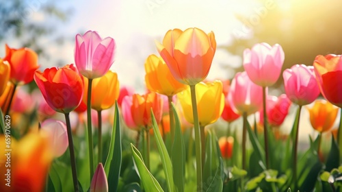Beautiful Tulips in green sunny field 