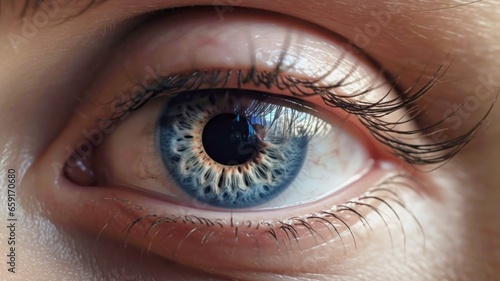 Human eye close up. Macro. Blue iris, long black eyelashes. Clear view. Good vision. For advertising optics, ophthalmology, vision correction. Booklet, poster, placard. Medicine.