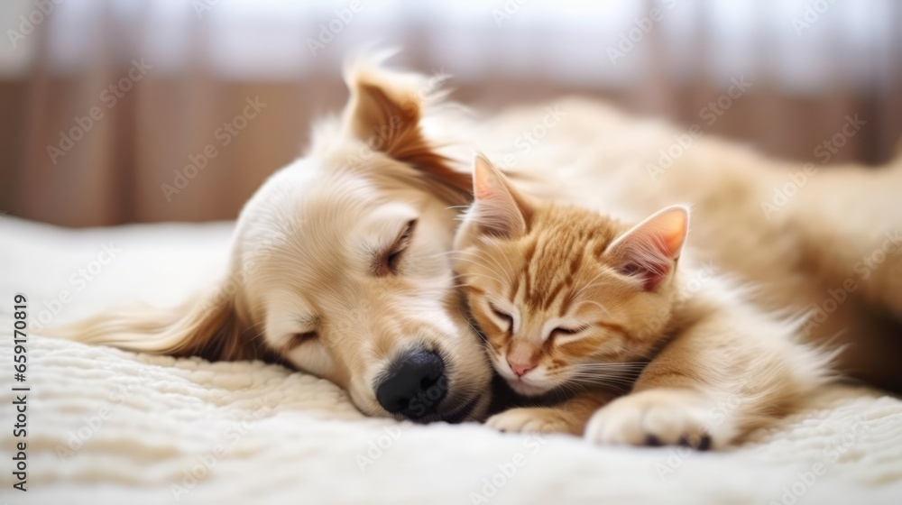 Cat and dog sleeping. Puppy and kitten sleep. 