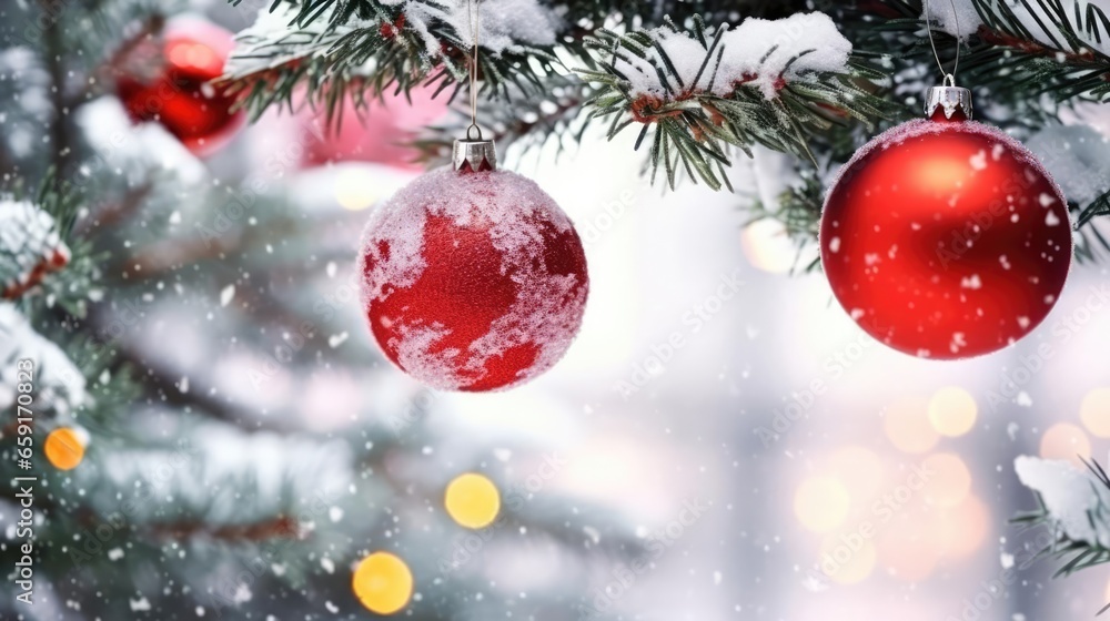 Obraz premium christmas and new year holidays concept Red balls on fir branches winter snowy backdrop