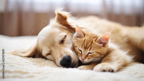 Cat and dog sleeping. Puppy and kitten sleep. 