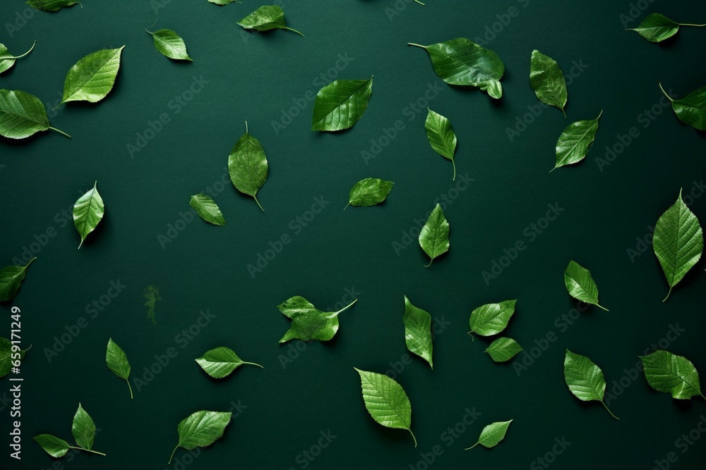 Leaves falling on green backdrop. Generative AI
