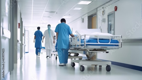 Doctors Hospital Corridor Nurse Pushing Gurney Stretcher Bed 