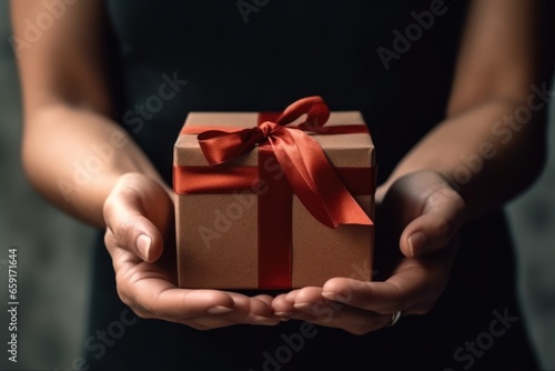 Christmas craft gift with dark red bow in female hands. Close up. Xmas present. Boxing day. © svetlana_cherruty