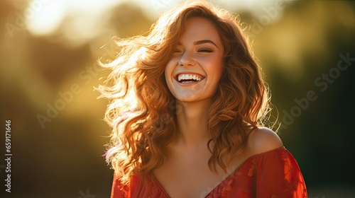 Female model's face lights up in an earnest and delightful laugh with happiness deeply touching. Woman model. 