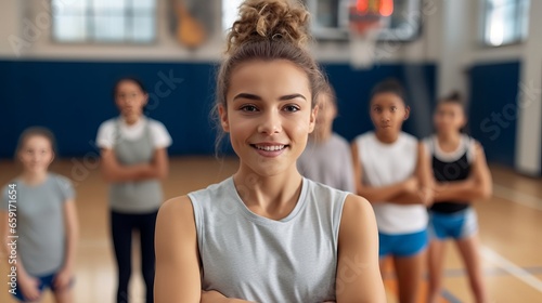 Confident female coach during physical education class at school gym.