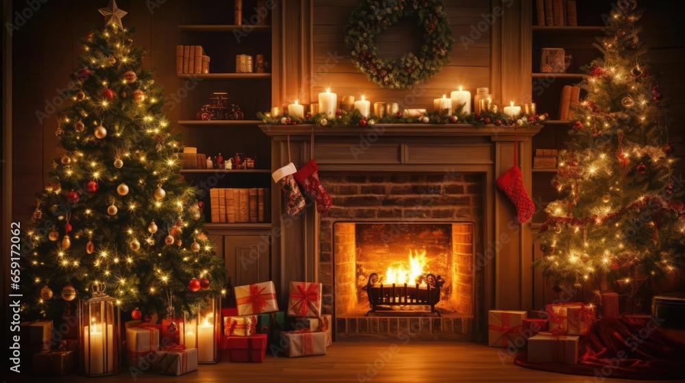 interior christmas magic glowing tree fireplace