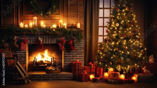 interior christmas magic glowing tree fireplace