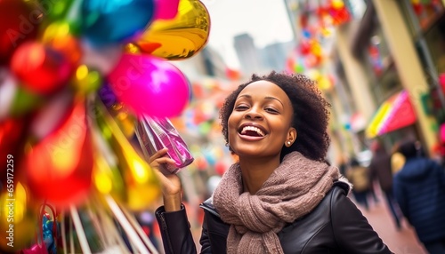 A woman walks down a bustling shopping street in winter season.