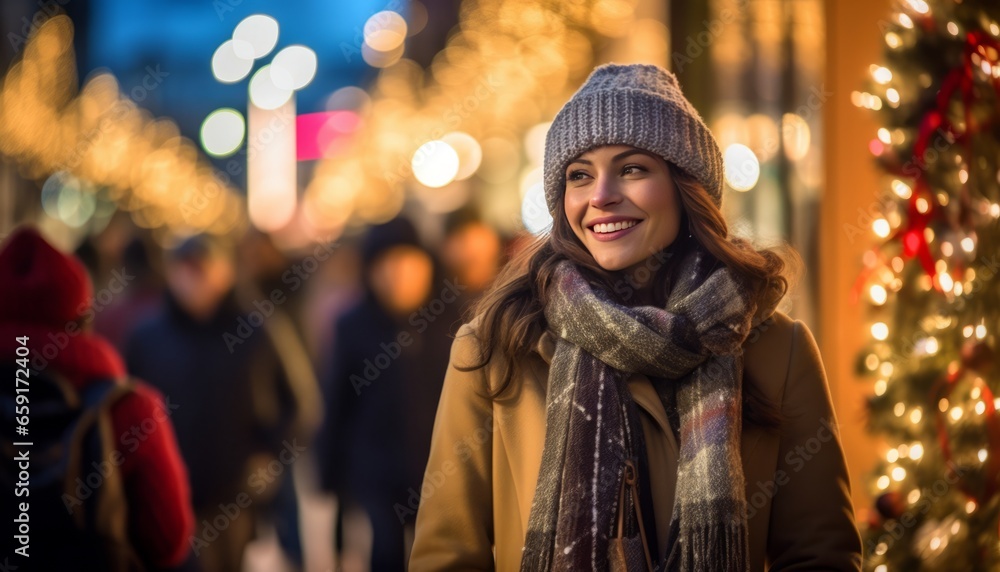 A woman walks down a bustling shopping street in winter season.