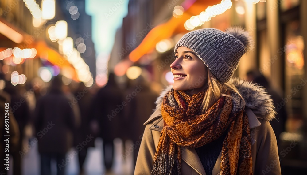 A woman walks down a bustling shopping street in winter season.