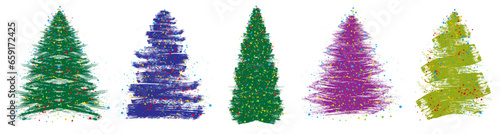 Christmas tree, grunge brush drawing art. Set of beautiful doodle spruce with color paint blots as garland. Vector illustration.