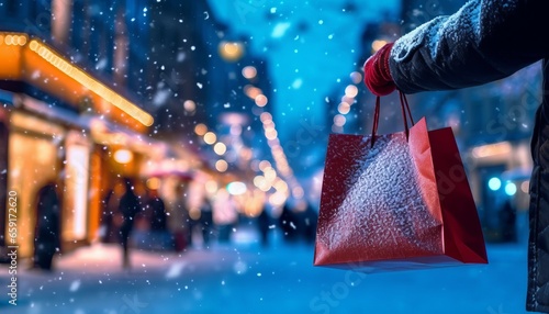 shot of a hand holding a shopping bag surrounded by beautiful lights during the Christmas season.