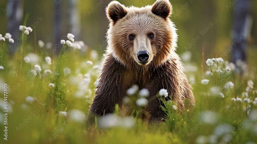 Fototapeta premium Brown bear Ursus arctos in woollen grass Vartius Kar