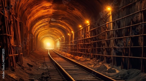 Lit and railed tunnel for miners