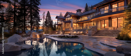 Illustration of a stunning luxury mountain home at dusk with serene pool, illuminated interiors, and tall pines backdrop, capturing the essence of tranquil high-end living