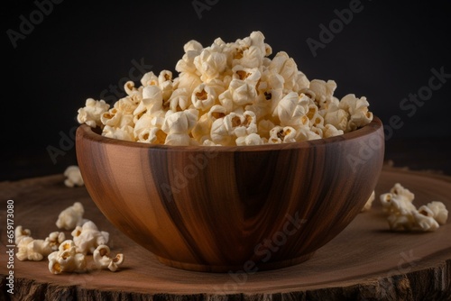 Wooden bowl filled with popped corn kernels. Generative AI
