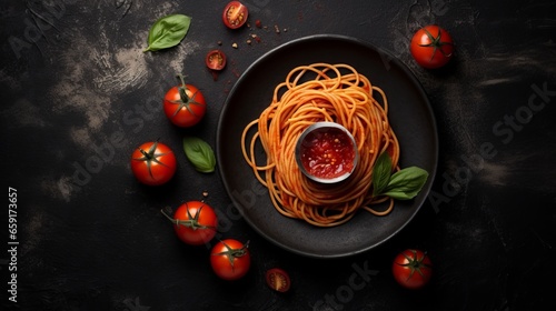 photo top view of Dark plate with italian spaghetti on dark