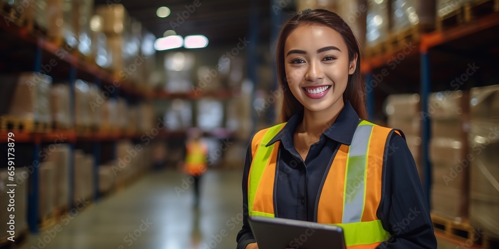 Thai woman worker in a hardware warehouse standing checking supplies on his tablet. Thai woman worker in a hardware warehouse standing checking supplies on his tablet.