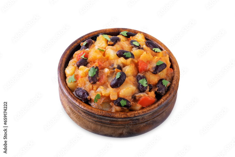 Potato kidney beans stew on a white isolated background. Puerto Rican dish Potato kidney beans stew on a white isolated background. Puerto Rican dish