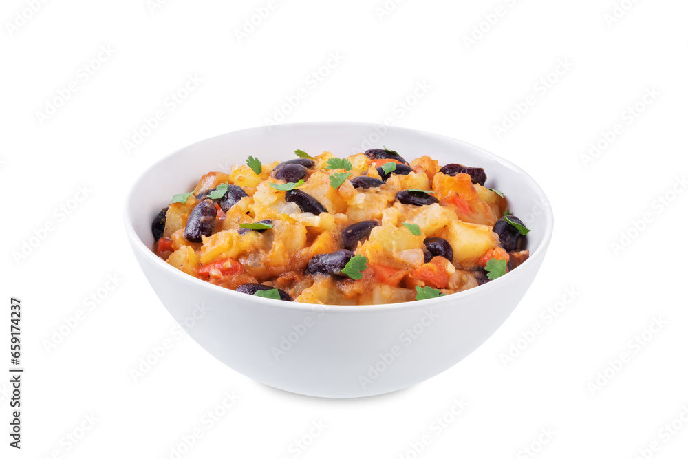 Potato kidney beans stew on a white isolated background. Puerto Rican dish