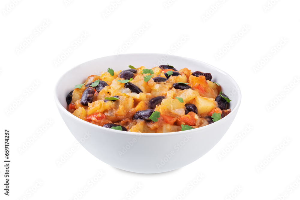 Potato kidney beans stew on a white isolated background. Puerto Rican dish