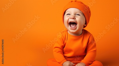 Portrait of a laughing baby in orang clothing on orange background