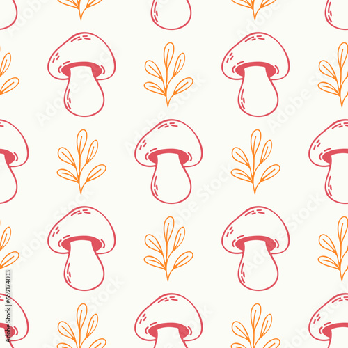 Seamless pattern of doodle outline mushrooms and leaves on isolated background. Hand drawn background for Autumn harvest holiday, Thanksgiving, Halloween, textile, scrapbooking, paper crafts.