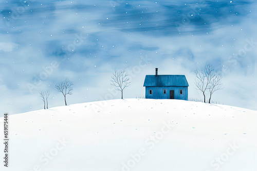 Generative AI Illustration of small house on snowy mountain between leafless trees against blue sky in winter day photo