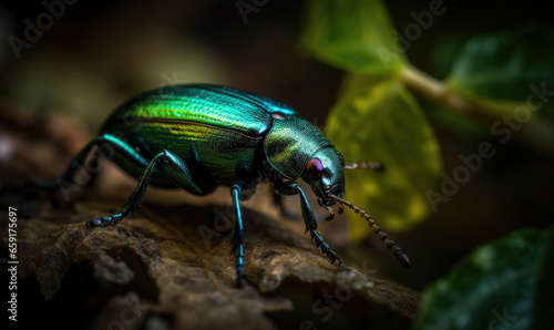 Generative AI illustration of exotic bright emerald green fly beetle sitting on rock against blurred background in nature photo