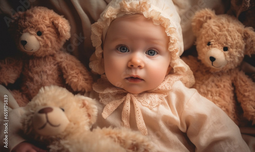 Generative AI illustration of high angle of cute baby girl with blue eyes looking at camera while laying on bed among brown teddy bears photo