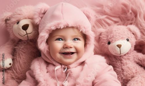 Generative AI illustration of high angle of happy baby girl with blue eyes looking away while laying on bed among pink teddy bears photo