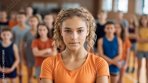 Confident female coach during physical education class at school gym.generative ai