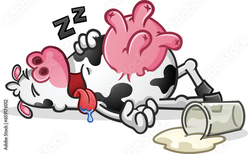 A passed out sleeping dairy cow cartoon who drank way too much fresh squeezed milk from its round pink udders and got really drowsy vector clip art illustration