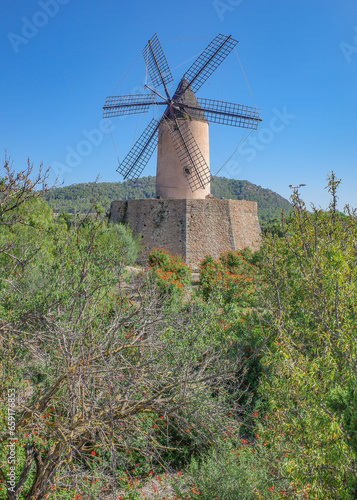 Mallorca, Spain - 8 Oct, 2023: Traditional Balearic windmill in Santa Ponsa, Mallorca