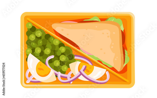 Lunch box with club sandwich and salad vector illustration. Cartoon isolated divided plastic lunchbox tray with triangle hoagie for picnic or lunchtime at school or work, healthy homemade menu