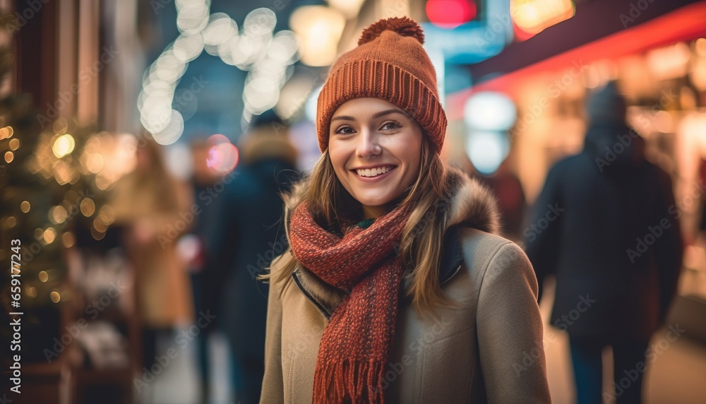A woman walks down a bustling shopping street in winter season.generative ai