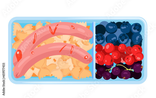Lunch box with food vector illustration. Cartoon isolated top view of open divided plastic lunchbox tray with sausages and pasta, fresh healthy berry dessert, container with meals for lunchtime