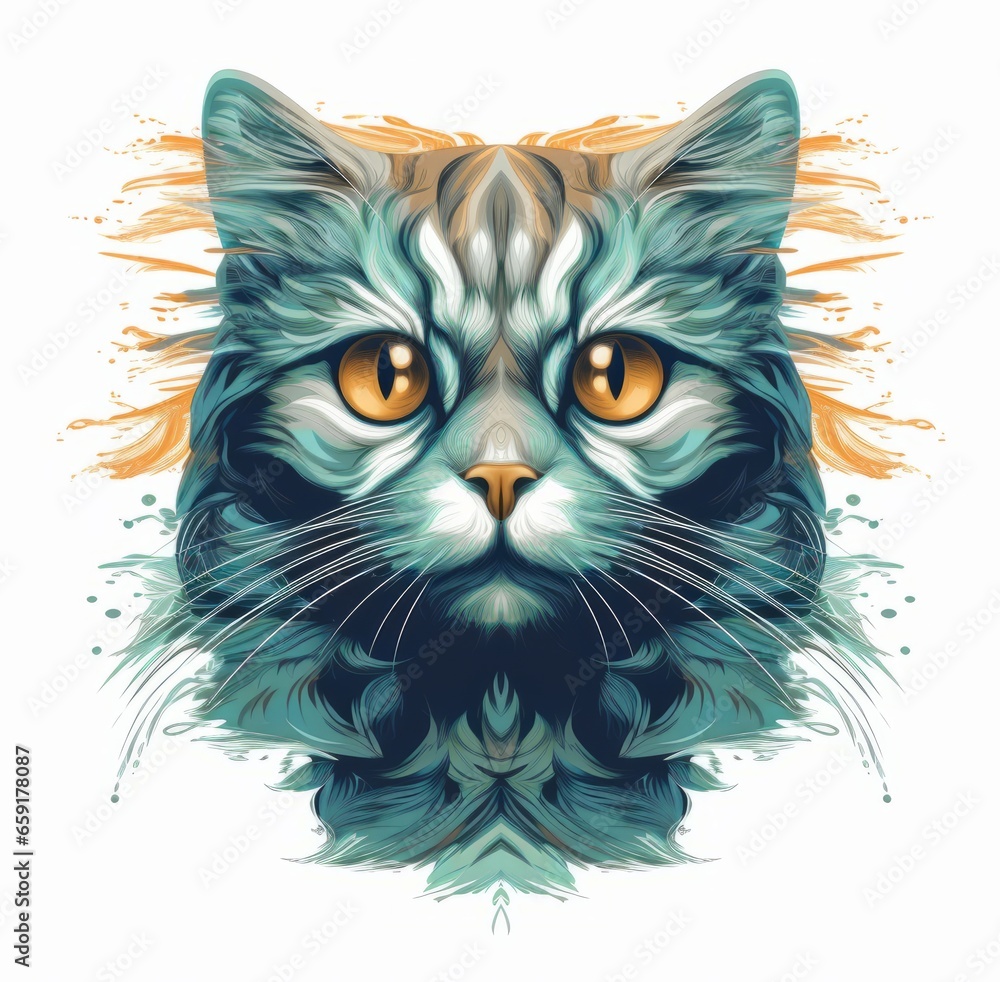 A face of a cat with bright colors. An illustration of a cat with a mystical style. A symmetrically drawn cat head. A symmetrical face of a cat looking straight ahead.
