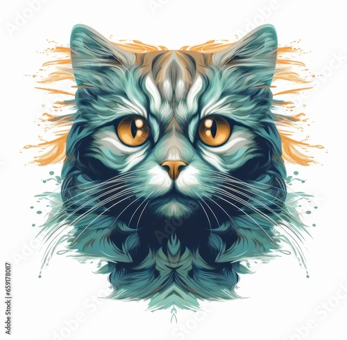 A face of a cat with bright colors. An illustration of a cat with a mystical style. A symmetrically drawn cat head. A symmetrical face of a cat looking straight ahead.  © melissa